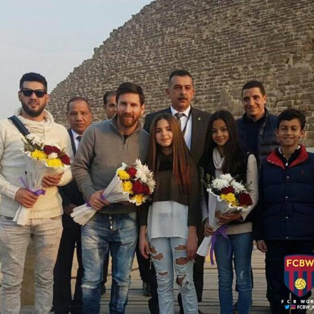 Argentinian Football Superstar Lionel Messi being welcomed by the children of Egypt to the land of the Pharaohs, at the Giza Pyramids 2017